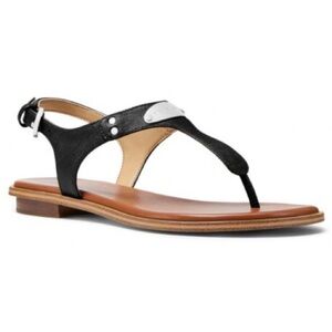 Michael Kors MK Silver Plate Thong Flat Sandals in Black Leather Size 11 Summer